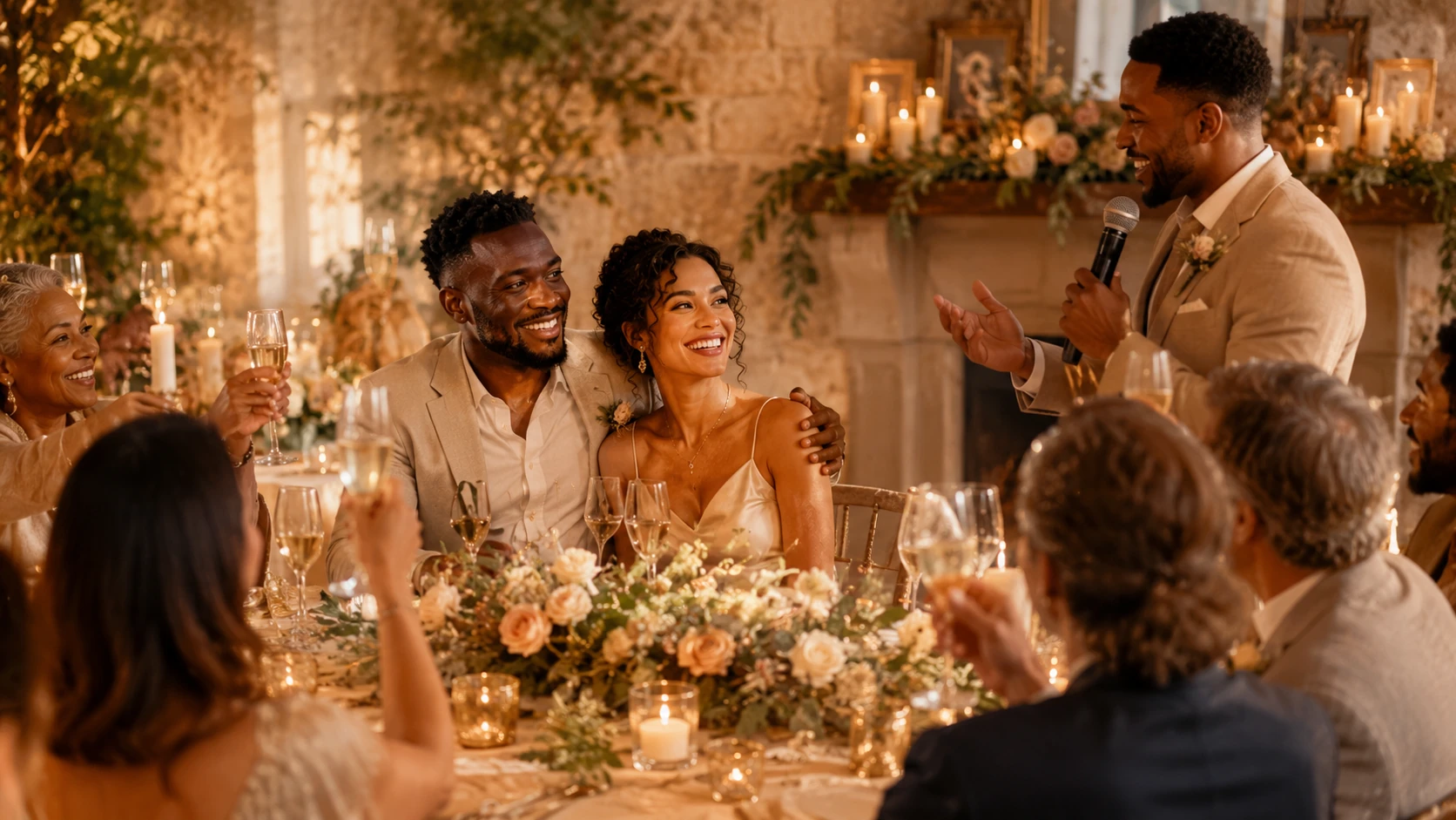 A couple being celebrated while a guest gives a warm wedding anniversary speech.