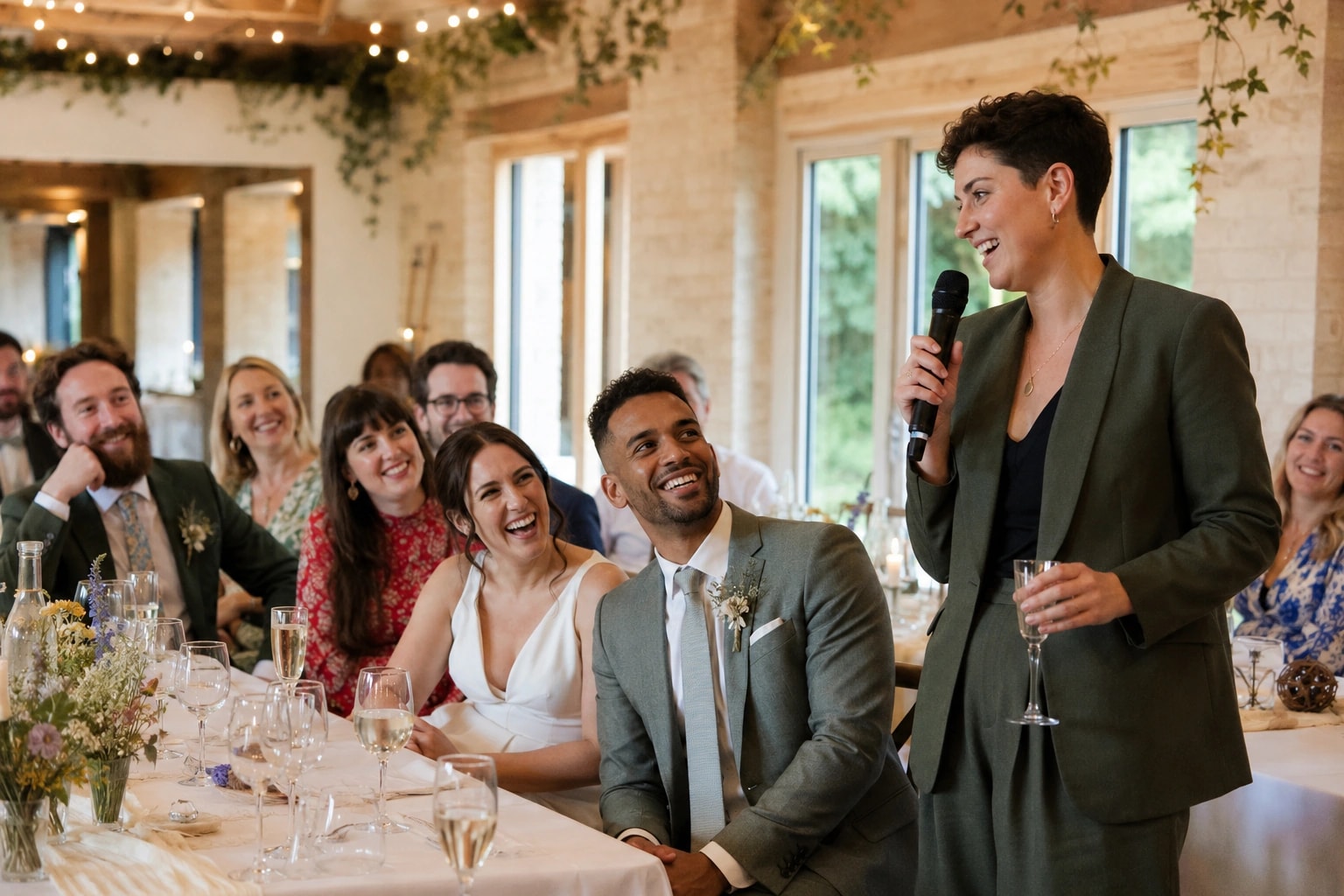 A close friend giving a warm and funny wedding speech while the couple and guests listen and smile.