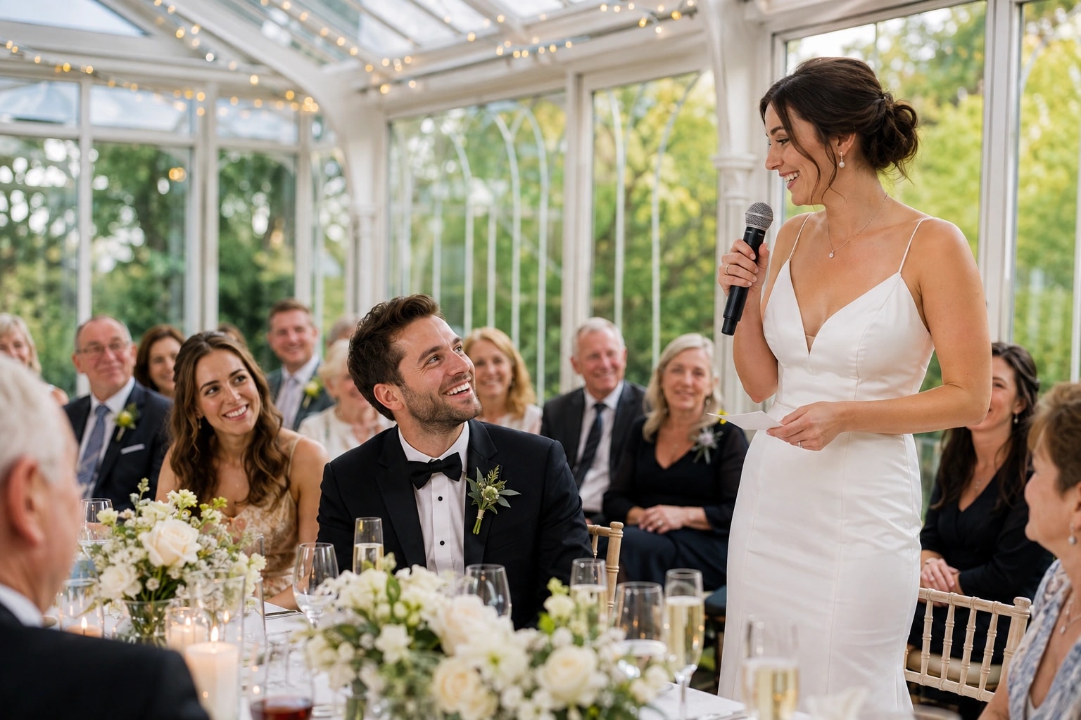 A bride giving a warm wedding speech while her new spouse and their guests listen and smile.