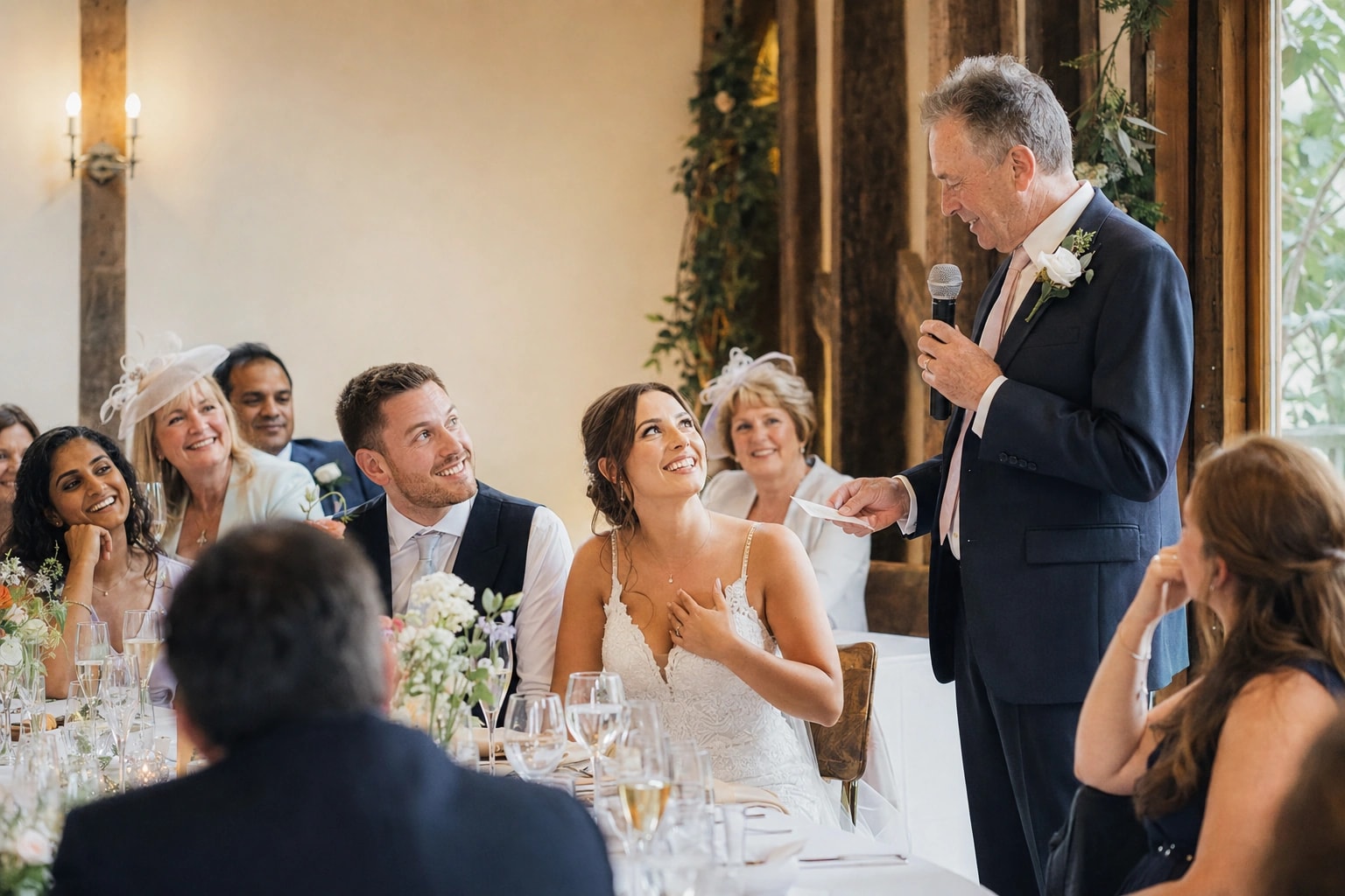 A father giving a warm wedding speech while his daughter, her partner and their guests listen and smile.