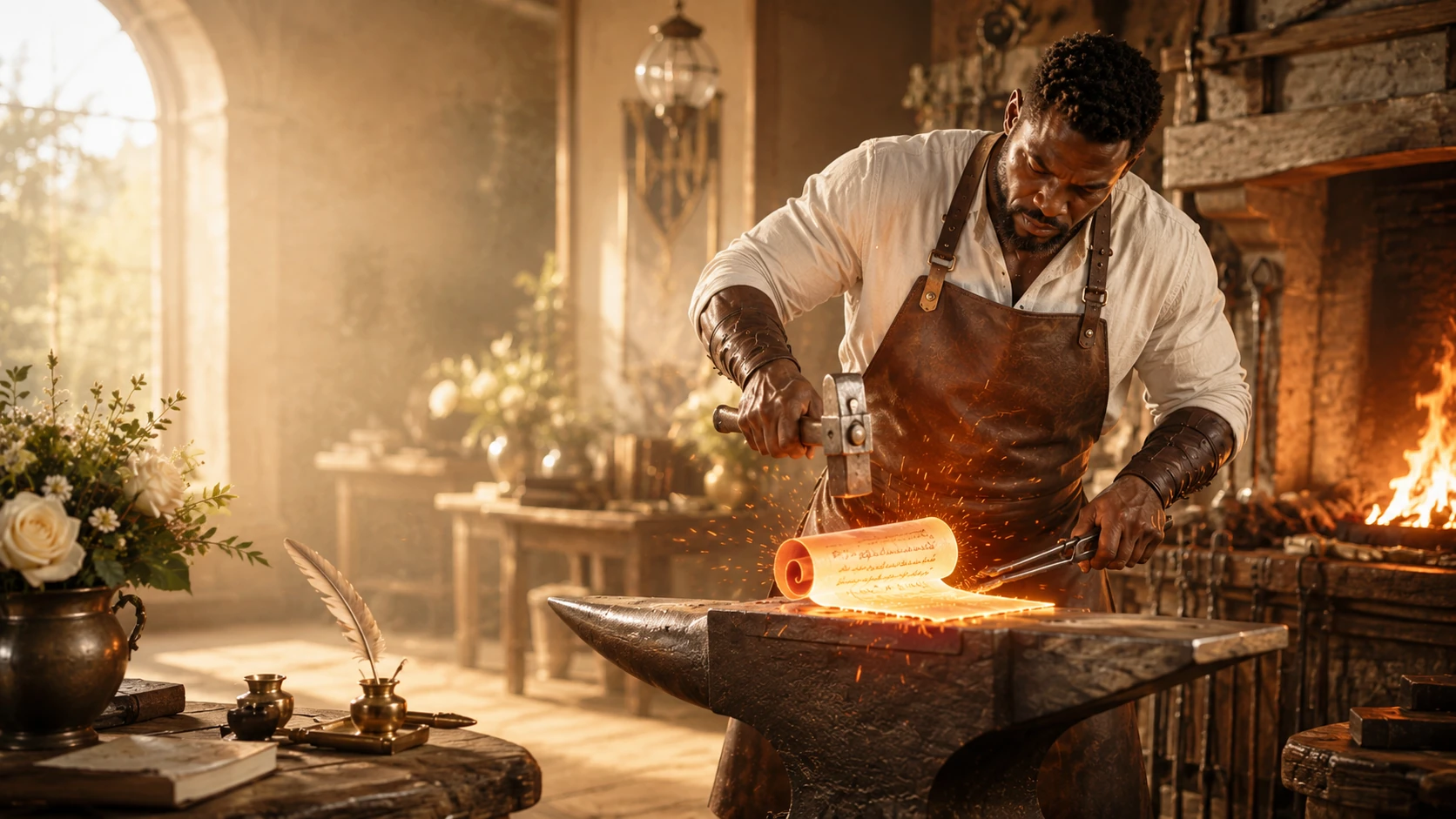 A blacksmith forging a glowing scroll on an anvil, representing SpeechAnvil shaping stories into speeches.