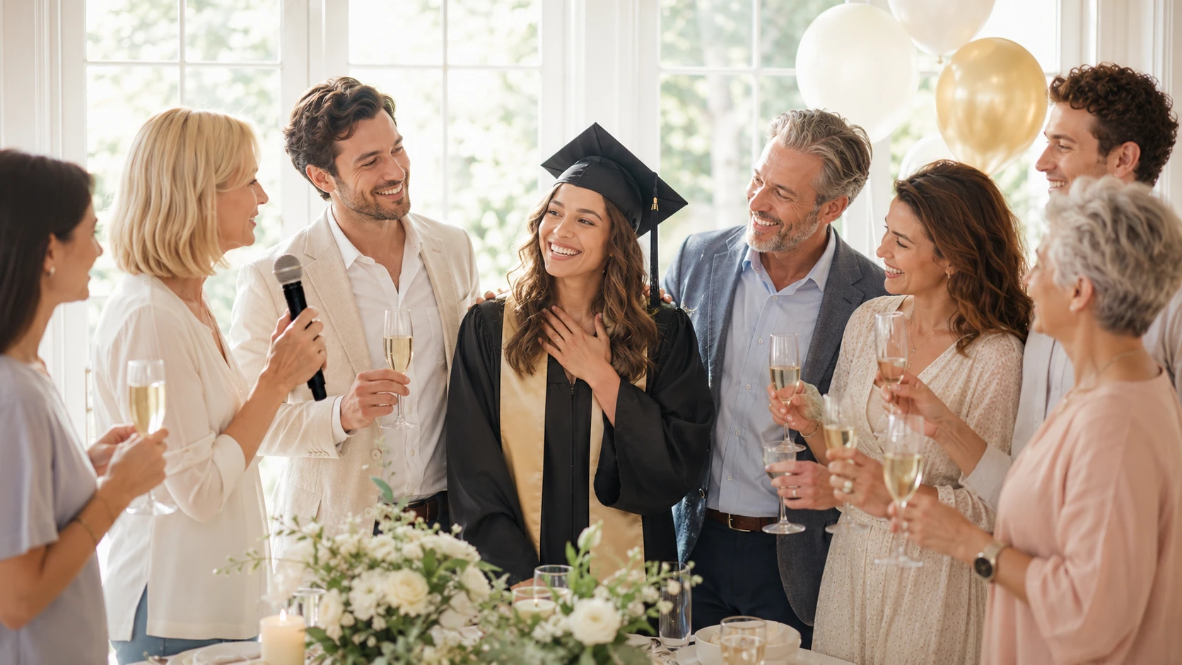 A graduate being celebrated while a family member or friend gives a warm speech.