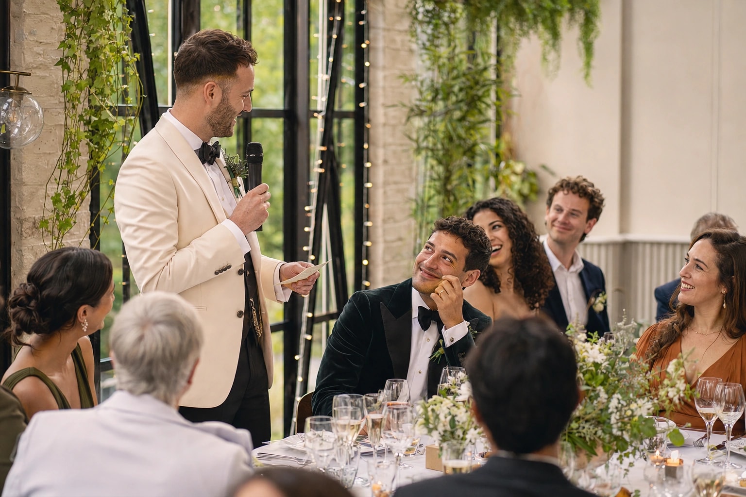 A groom giving a warm wedding speech while his new spouse and their guests listen and smile.