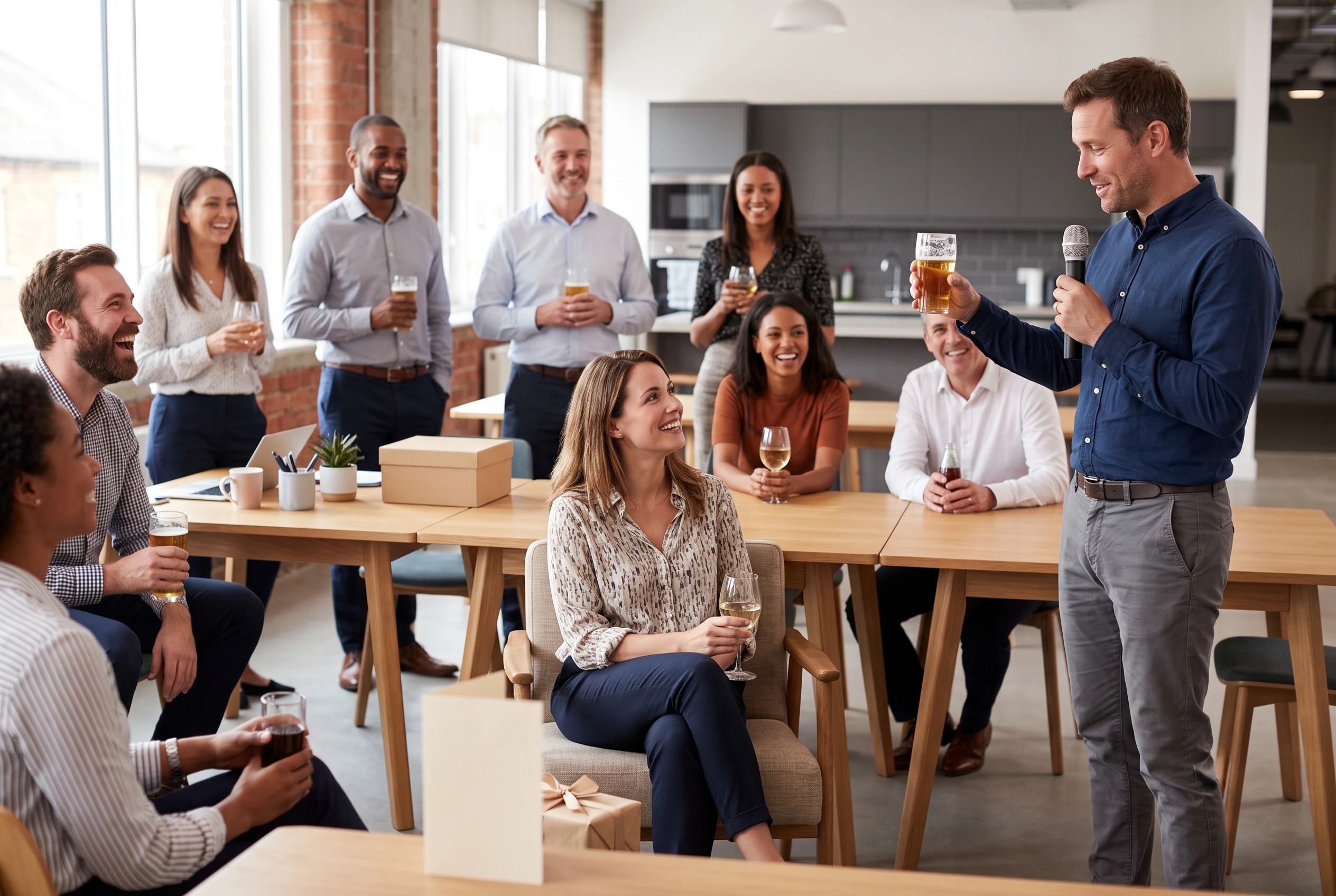 Colleagues celebrating a departing co-worker while one person gives a warm leaving speech.