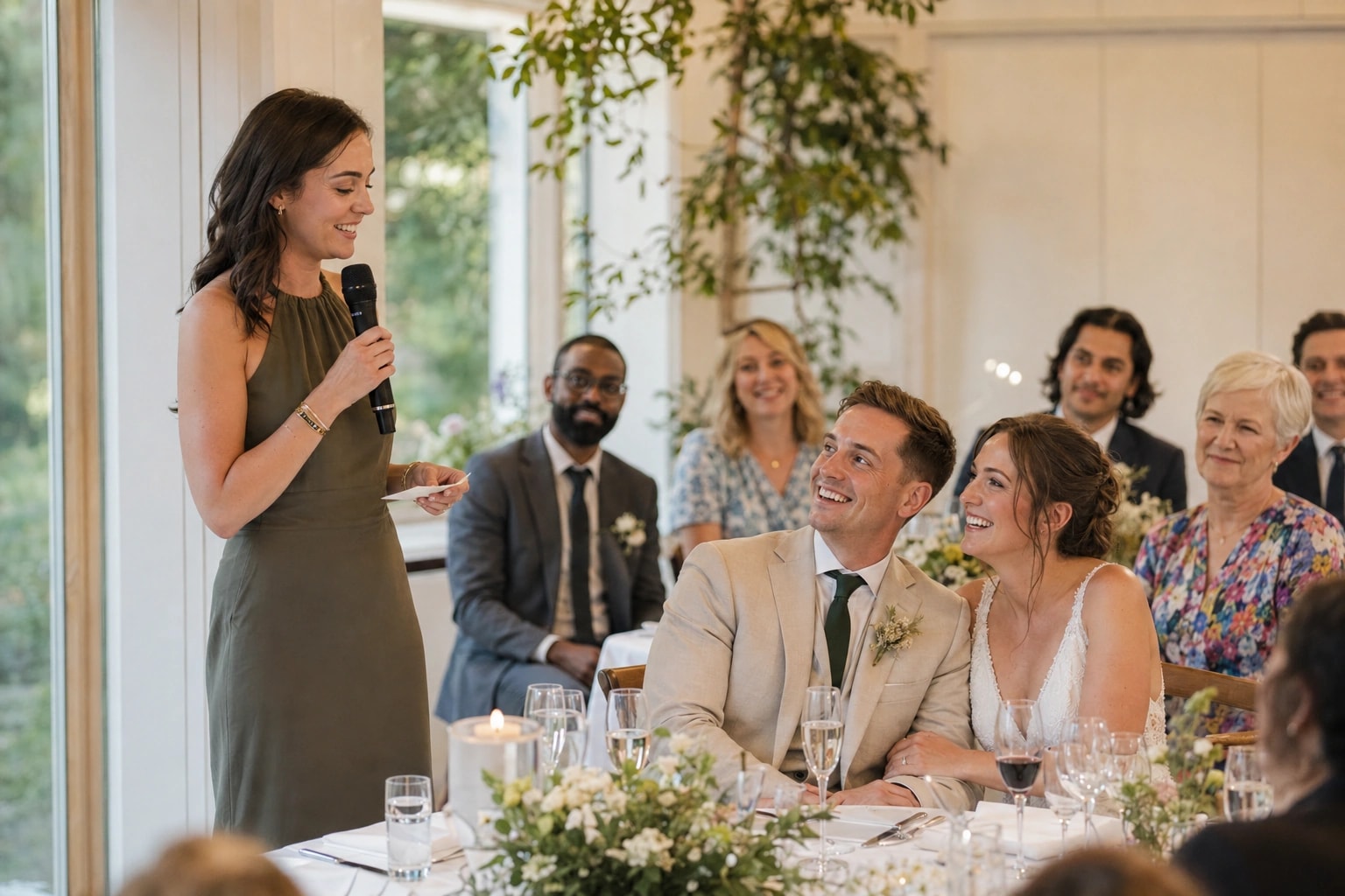 A maid of honour giving a warm wedding speech while the couple listen and smile.