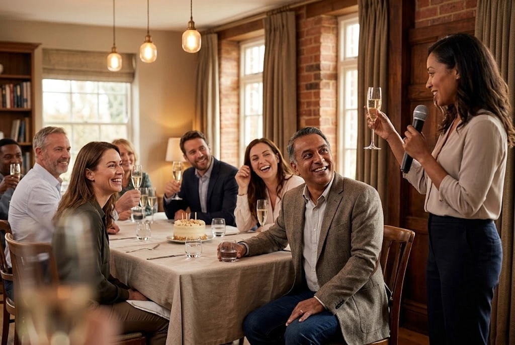 A speaker giving a warm milestone birthday toast while the birthday person and guests laugh around a dinner table.