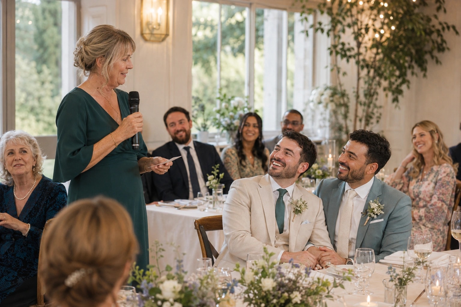 A parent giving a warm wedding speech while the newly married couple and guests listen and smile.