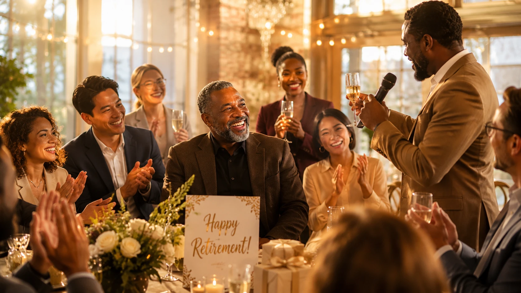 Colleagues celebrating a retiring co-worker while one person gives a warm speech.