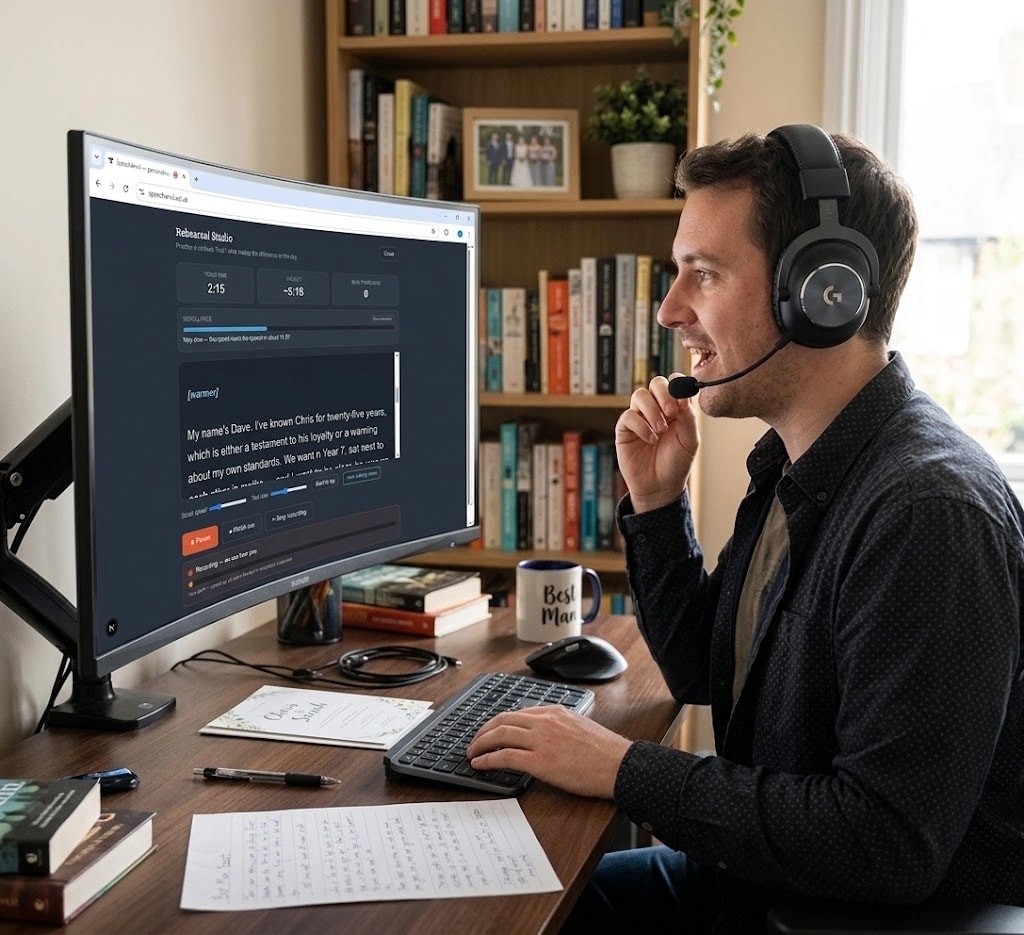 A speaker rehearsing his speech at a desk, reading from the SpeechAnvil teleprompter on screen while recording himself through a headset microphone.