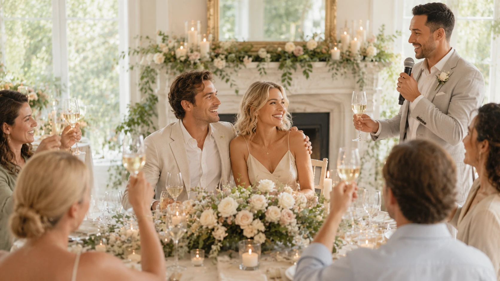 A wedding guest giving a warm speech with a microphone while the couple and guests listen and smile.